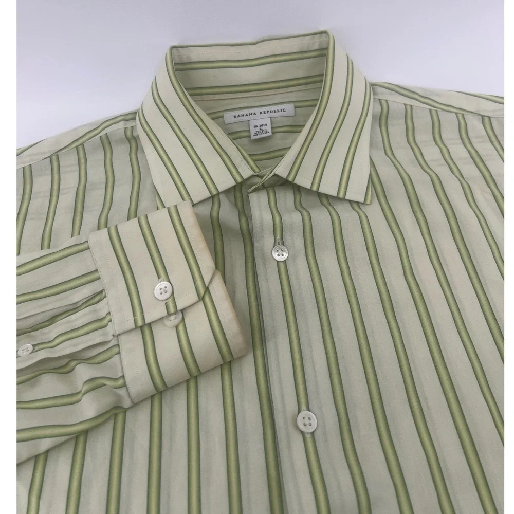 Banana Republic Mens L Green Striped Long Sleeve Button Down Dress Shirt